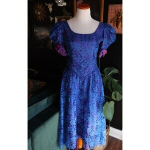 Vintage 80s Dance Allure Dress Royal Blue Lace Puff Sleeves Drop Waist Hi-Low 11